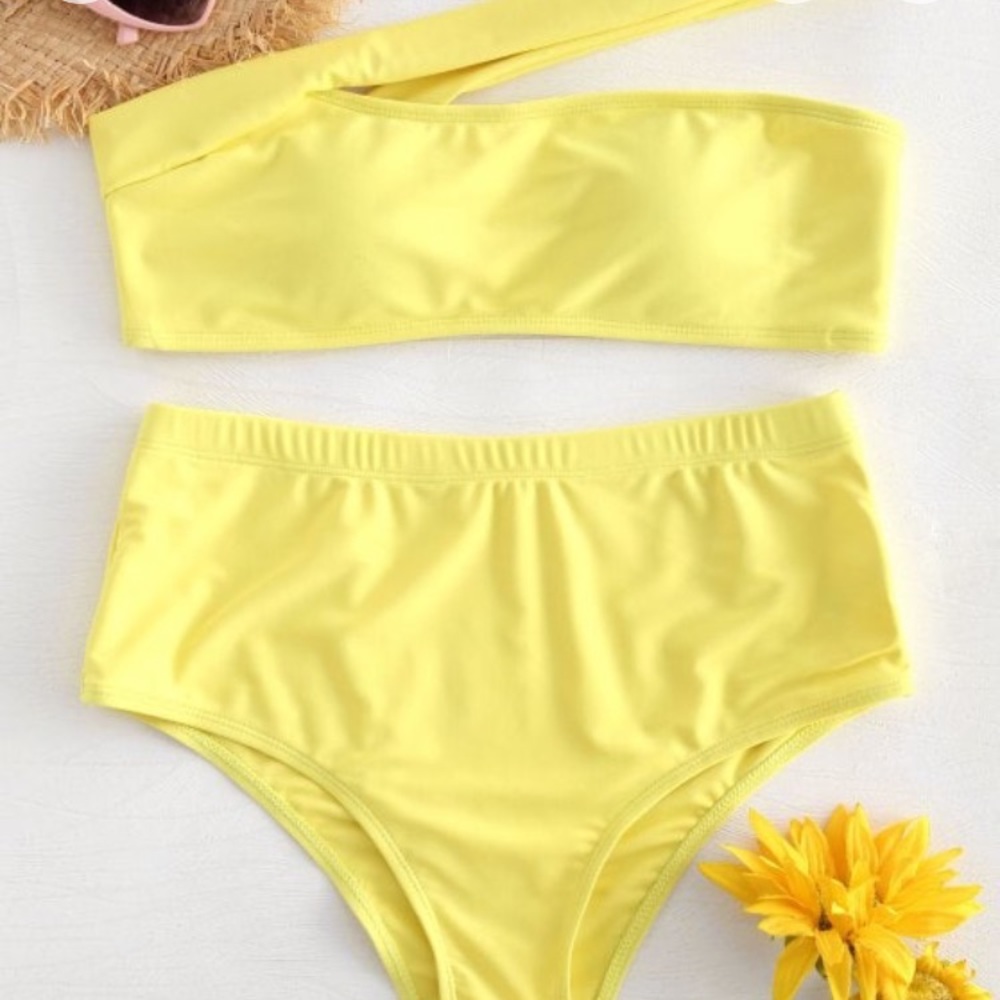 Yellow high-waisted bandeau bikini